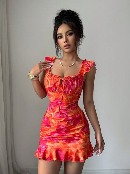 BamGleam Summer Casual Floral Print Ruffle Hem Mini Dress