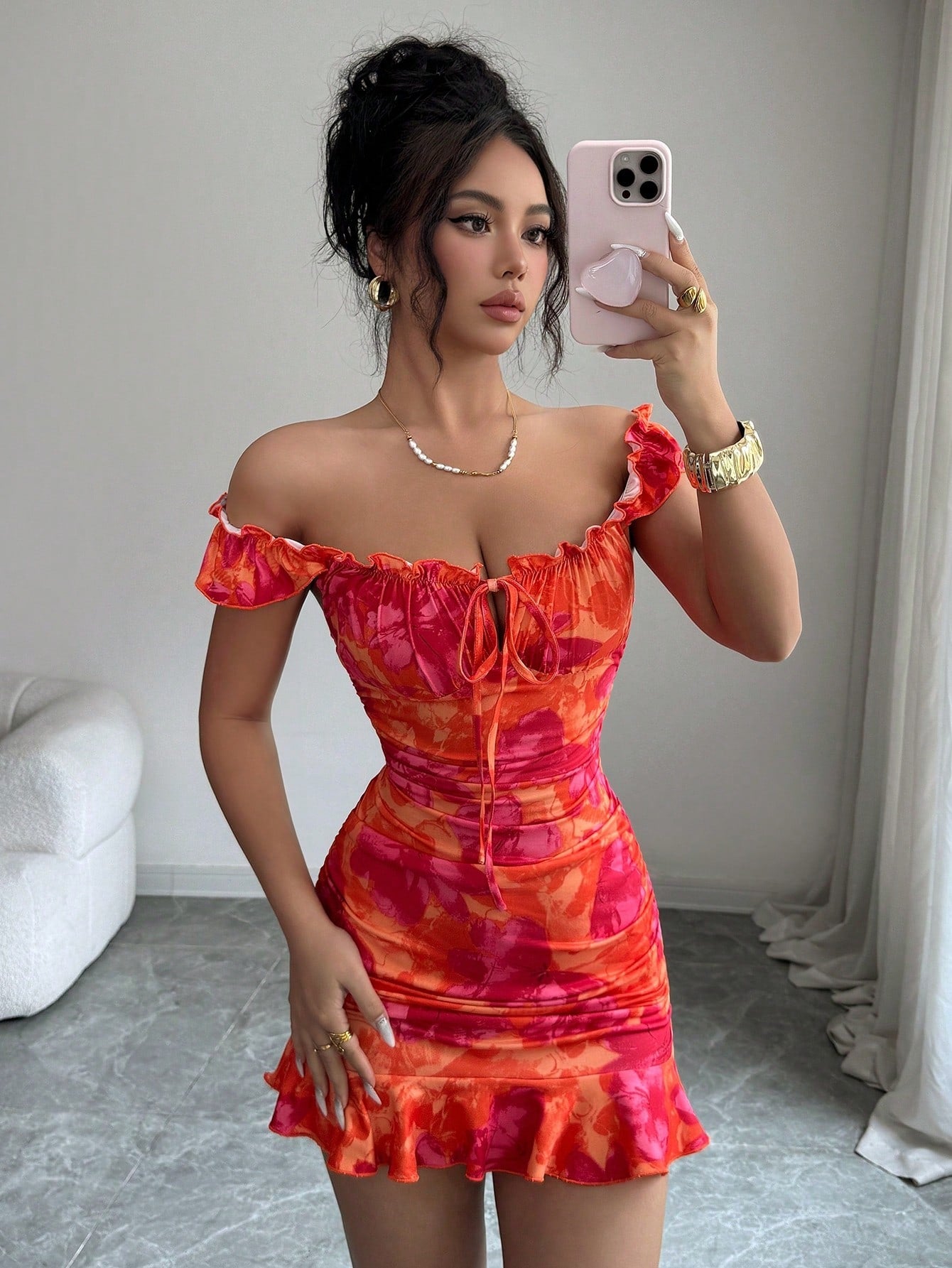 BamGleam Summer Casual Floral Print Ruffle Hem Mini Dress