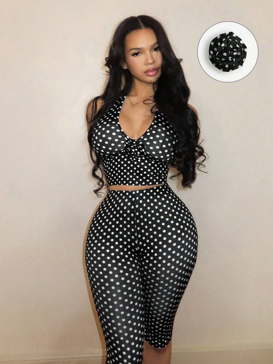 BamGleam Women Black And White Polka Dot Two-Piece Outfits,Summer Street Wear Sexy Y2K Club Night Backless Halter Sleeveless Knitted Camisole And Short Skirt