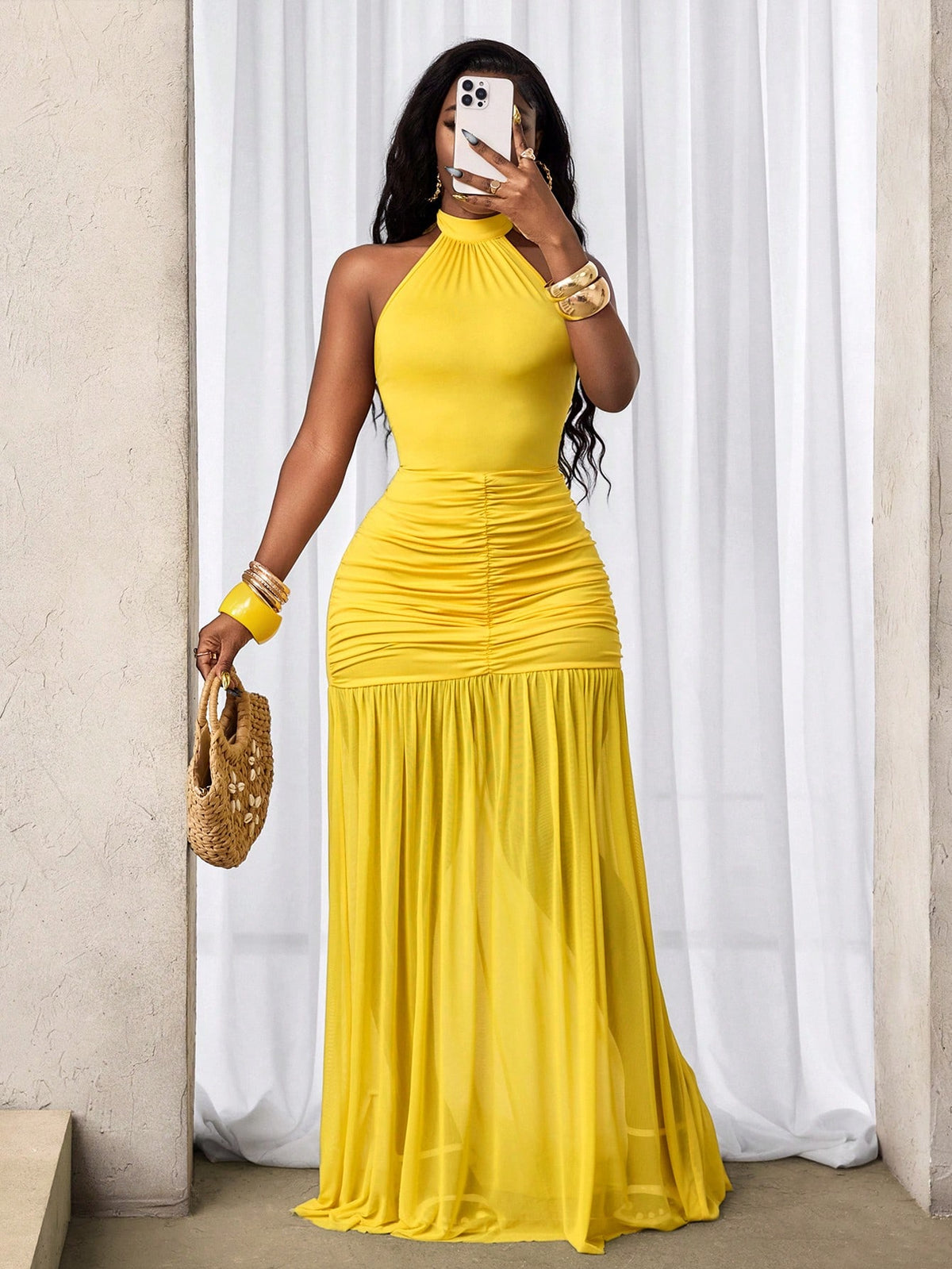 BamGleam Yellow Summer Tropical Vacation Women Solid Color Pleated Halter Dress, Elegant Ruched Maxi Sundress,Curve Halter Neck Long Dress Brunch Outfits