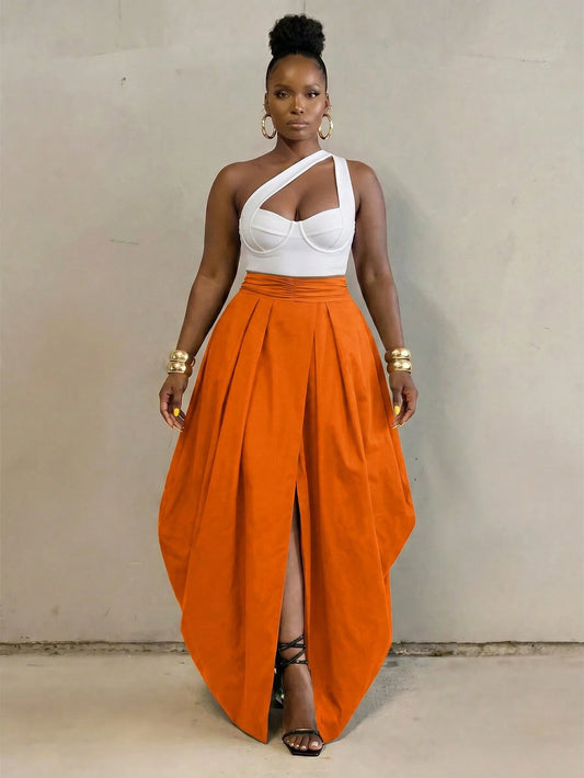 BamGlimmer Burnt Orange Summer Elegant Party Vacation Solid Oversized Split Front Skirt Fashion Vital Resort Hip-Hop Casual Style Suitable For Spring Autumn
