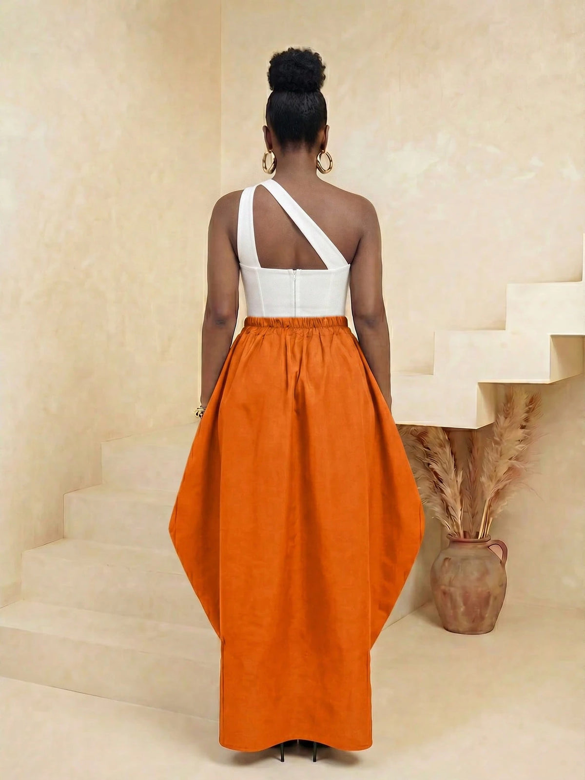 BamGlimmer Burnt Orange Summer Elegant Party Vacation Solid Oversized Split Front Skirt Fashion Vital Resort Hip-Hop Casual Style Suitable For Spring Autumn