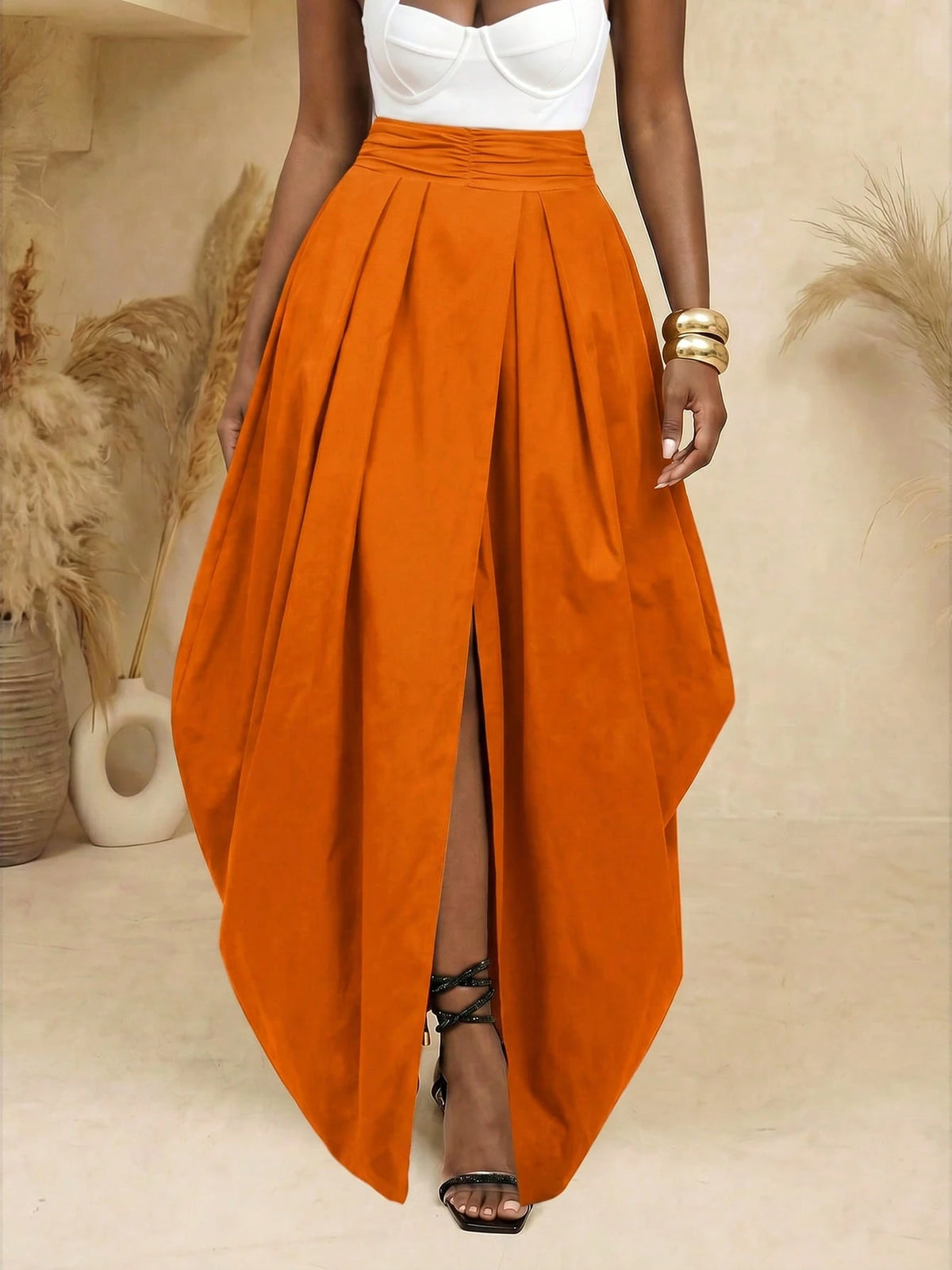 BamGlimmer Burnt Orange Summer Elegant Party Vacation Solid Oversized Split Front Skirt Fashion Vital Resort Hip-Hop Casual Style Suitable For Spring Autumn