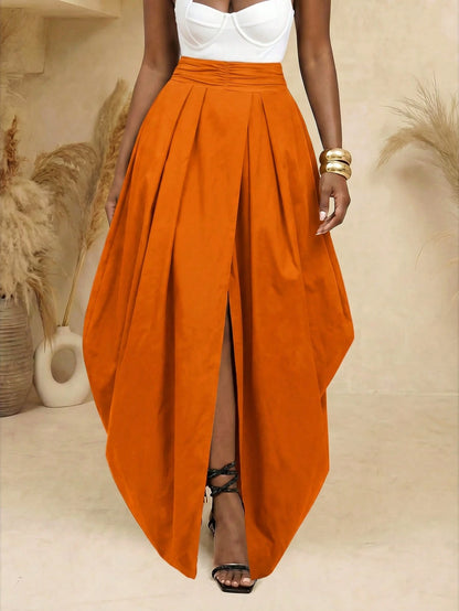BamGlimmer Burnt Orange Summer Elegant Party Vacation Solid Oversized Split Front Skirt Fashion Vital Resort Hip-Hop Casual Style Suitable For Spring Autumn
