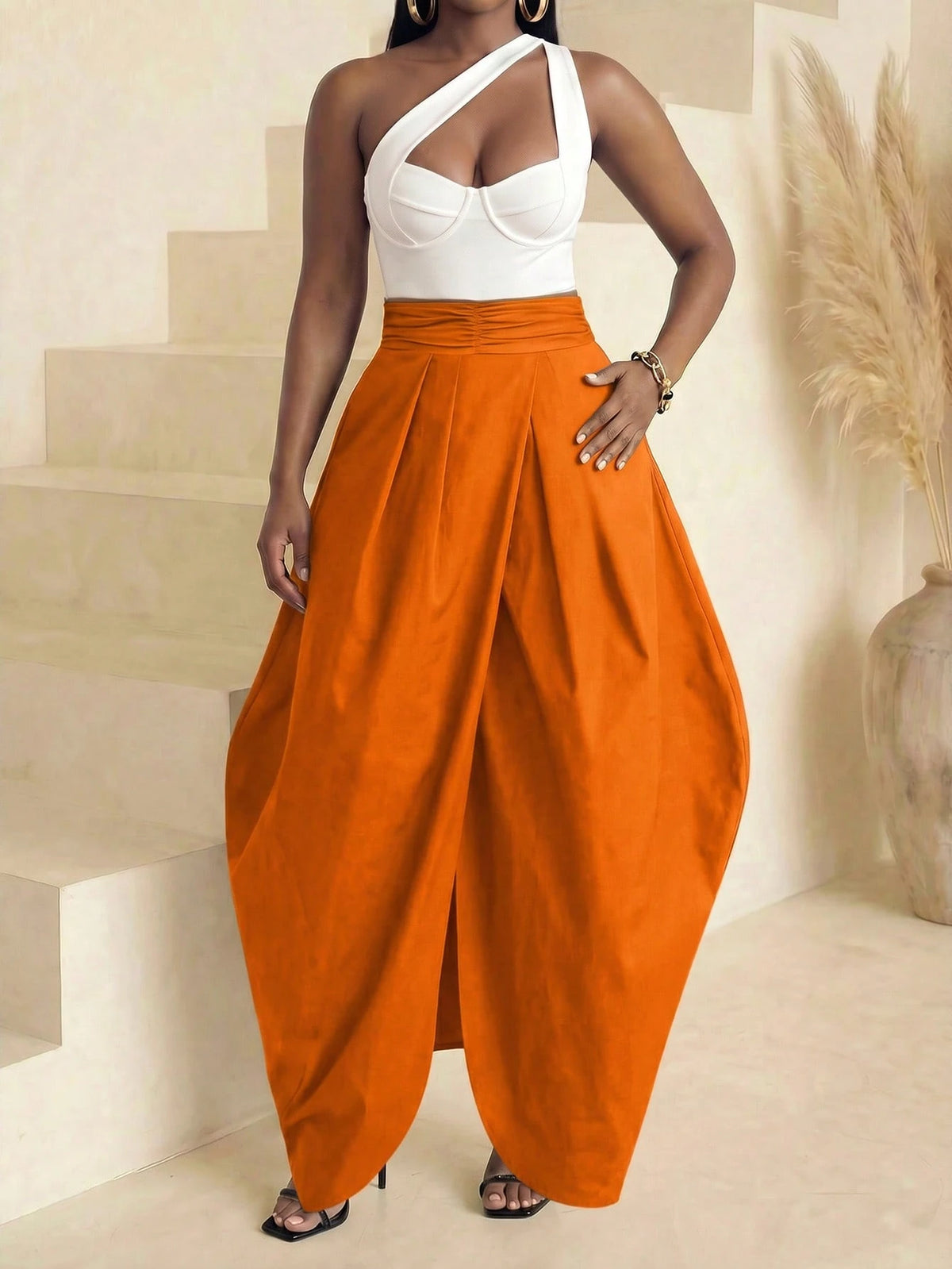 BamGlimmer Burnt Orange Summer Elegant Party Vacation Solid Oversized Split Front Skirt Fashion Vital Resort Hip-Hop Casual Style Suitable For Spring Autumn