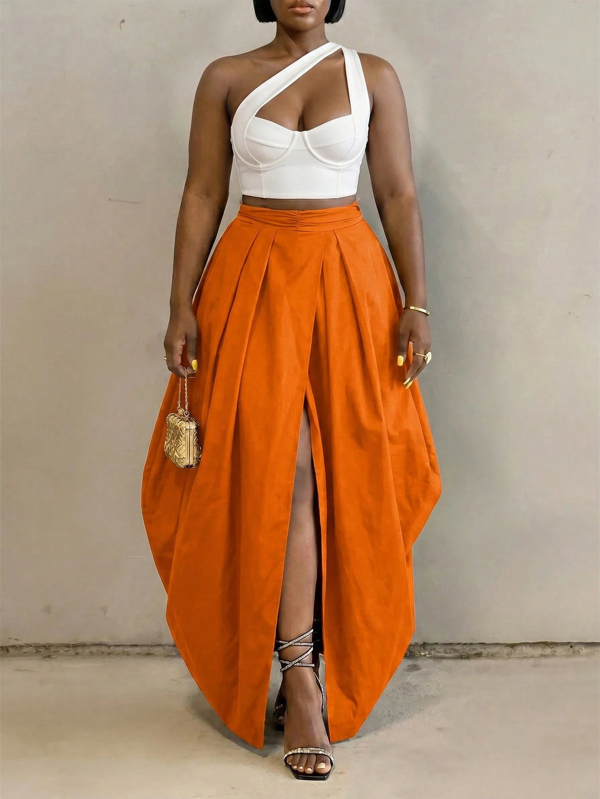 BamGlimmer Burnt Orange Summer Elegant Party Vacation Solid Oversized Split Front Skirt Fashion Vital Resort Hip-Hop Casual Style Suitable For Spring Autumn