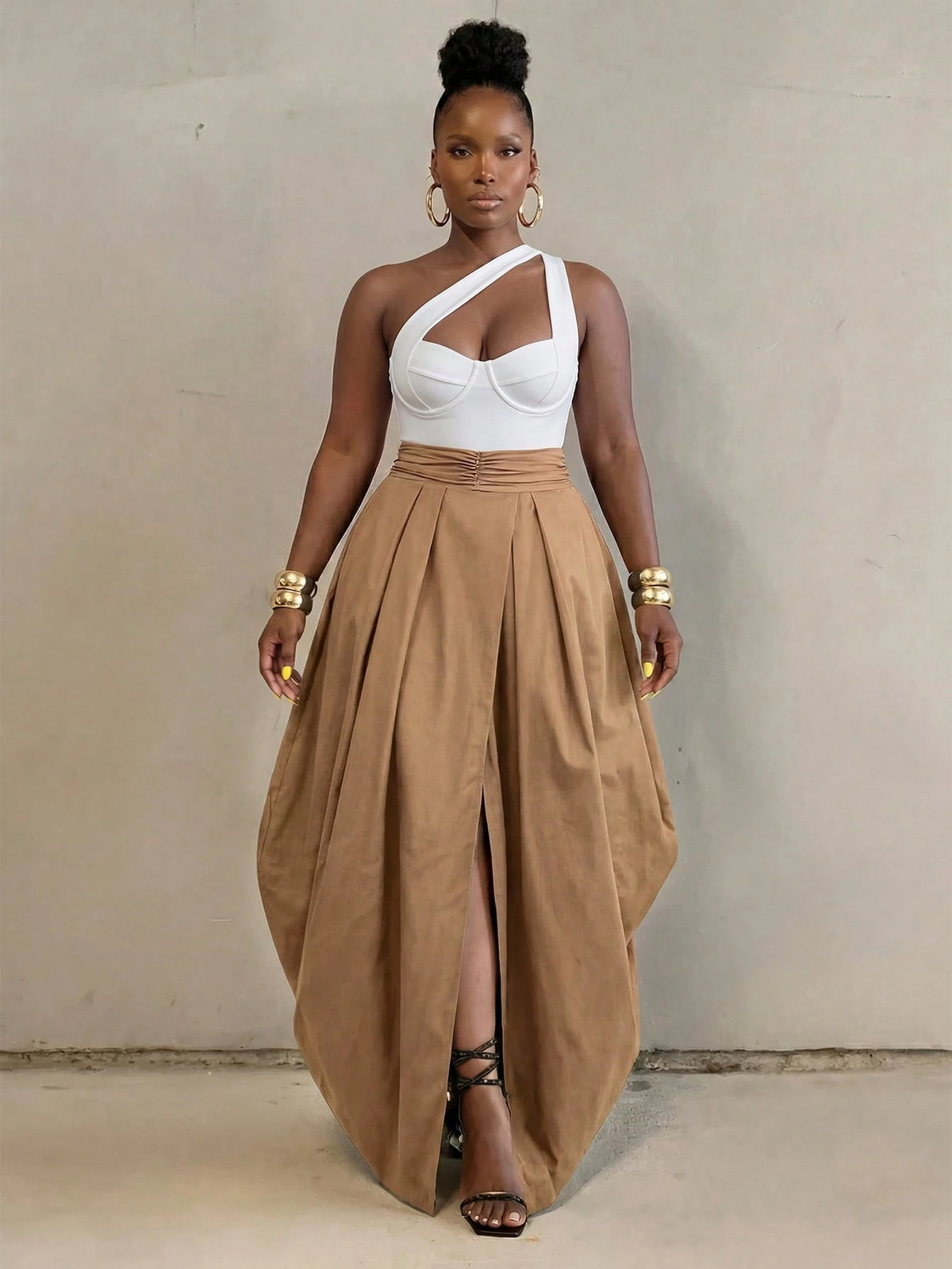 BamGlimmer Solid Dark Brown Oversized Casual Skirt, Elegant Vacation Autumn, All Design Fashion Resort Hip-Hop Style For Daily Wear, Parties And Back To School