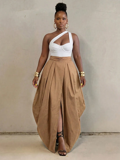 BamGlimmer Solid Dark Brown Oversized Casual Skirt, Elegant Vacation Autumn, All Design Fashion Resort Hip-Hop Style For Daily Wear, Parties And Back To School