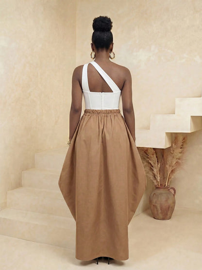 BamGlimmer Solid Dark Brown Oversized Casual Skirt, Elegant Vacation Autumn, All Design Fashion Resort Hip-Hop Style For Daily Wear, Parties And Back To School