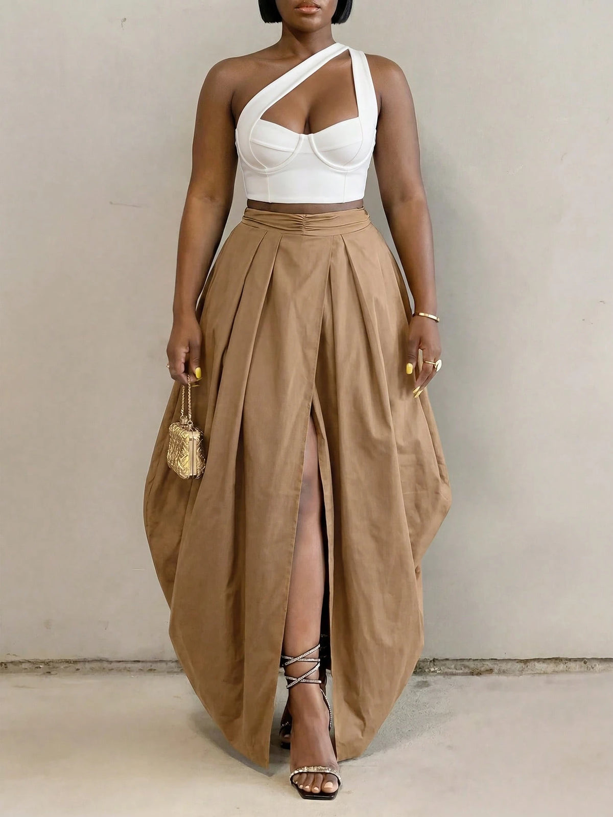 BamGlimmer Solid Dark Brown Oversized Casual Skirt, Elegant Vacation Autumn, All Design Fashion Resort Hip-Hop Style For Daily Wear, Parties And Back To School