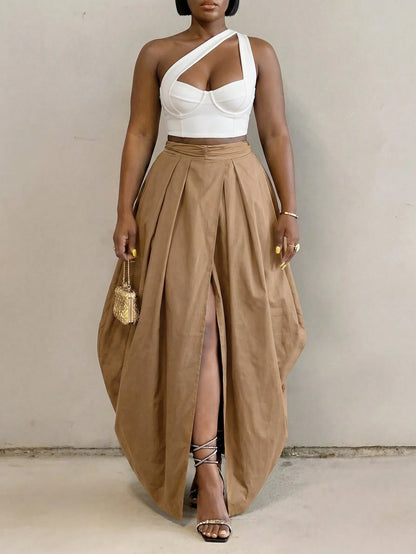 BamGlimmer Solid Dark Brown Oversized Casual Skirt, Elegant Vacation Autumn, All Design Fashion Resort Hip-Hop Style For Daily Wear, Parties And Back To School