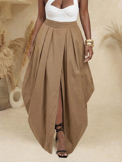 BamGlimmer Solid Dark Brown Oversized Casual Skirt, Elegant Vacation Autumn, All Design Fashion Resort Hip-Hop Style For Daily Wear, Parties And Back To School