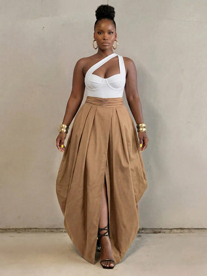 BamGlimmer Solid Dark Brown Oversized Casual Skirt, Elegant Vacation Autumn, All Design Fashion Resort Hip-Hop Style For Daily Wear, Parties And Back To School