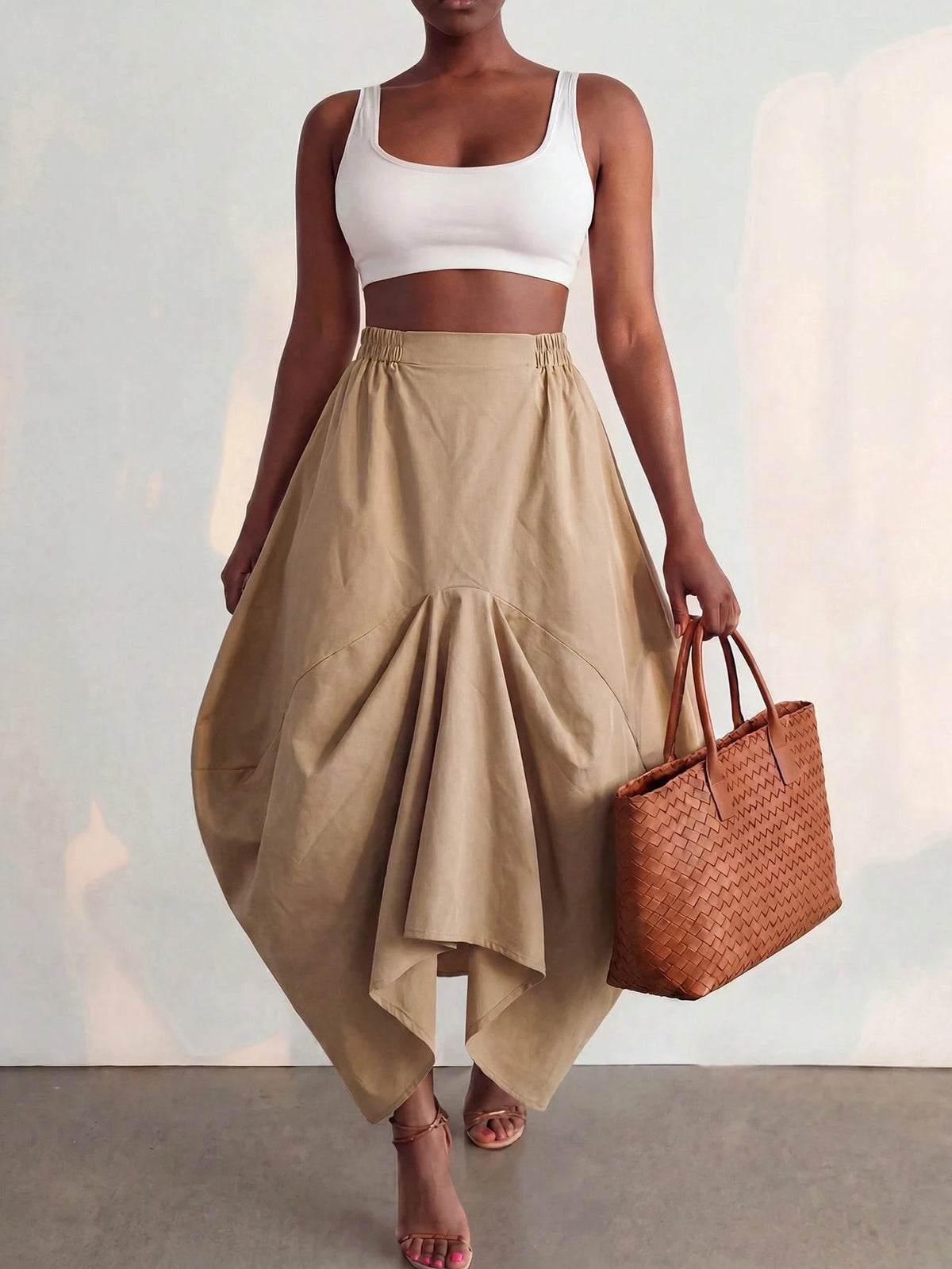 BamGlimmer Summer Autumn New Design, Khaki Asymmetrical Skirt, Vintage Casual Luxury Style, Suitable For Travel Vacation, Daily Wear, Party, Date, Commute