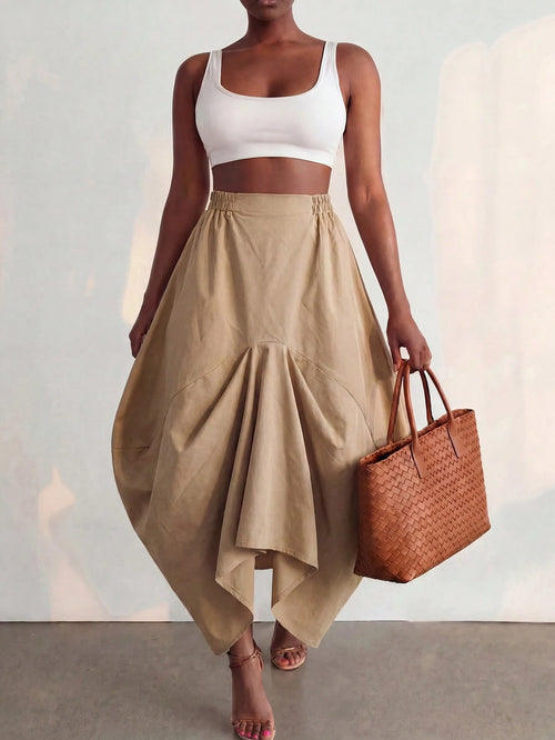 BamGlimmer Summer Autumn New Design, Khaki Asymmetrical Skirt, Vintage Casual Luxury Style, Suitable For Travel Vacation, Daily Wear, Party, Date, Commute