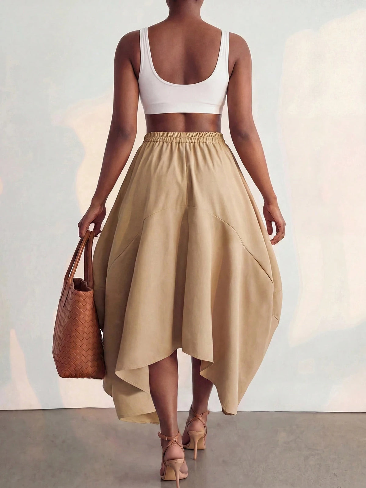 BamGlimmer Summer Autumn New Design, Khaki Asymmetrical Skirt, Vintage Casual Luxury Style, Suitable For Travel Vacation, Daily Wear, Party, Date, Commute