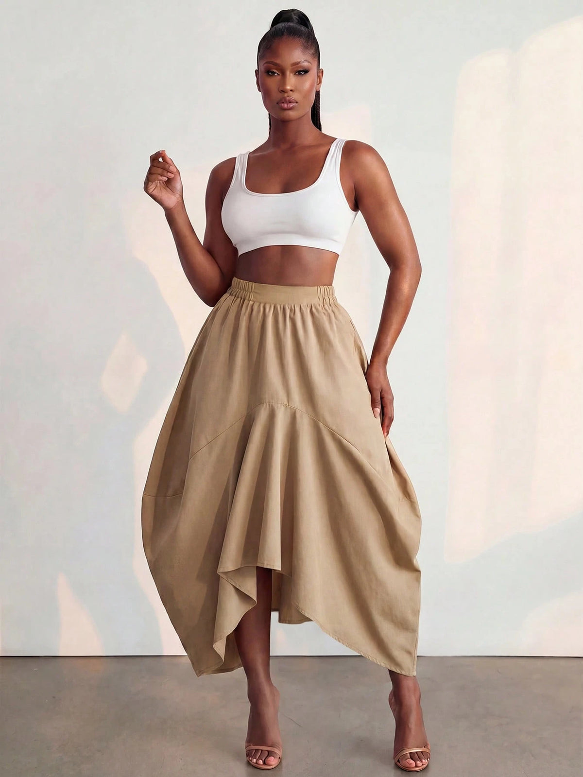 BamGlimmer Summer Autumn New Design, Khaki Asymmetrical Skirt, Vintage Casual Luxury Style, Suitable For Travel Vacation, Daily Wear, Party, Date, Commute