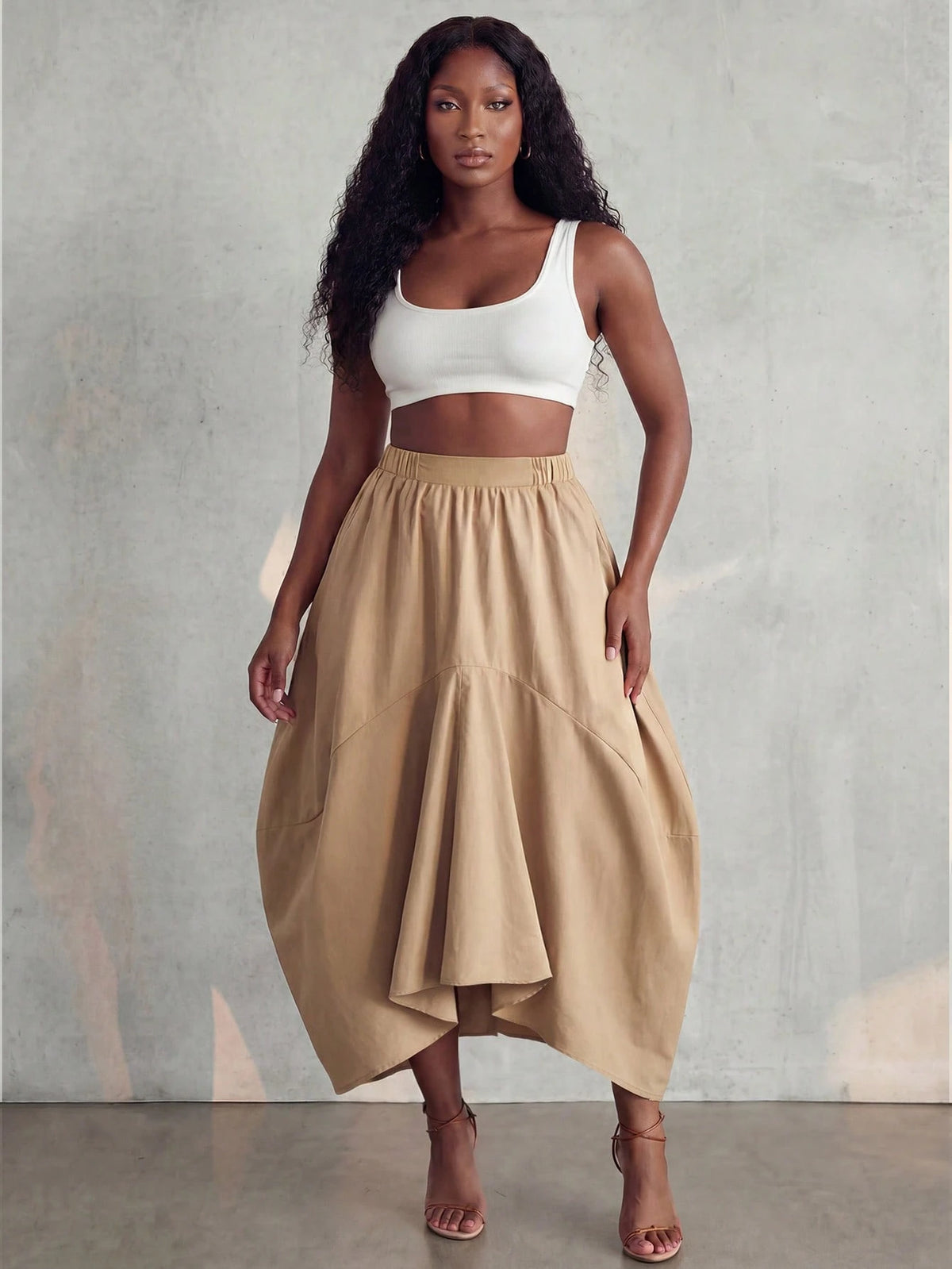 BamGlimmer Summer Autumn New Design, Khaki Asymmetrical Skirt, Vintage Casual Luxury Style, Suitable For Travel Vacation, Daily Wear, Party, Date, Commute