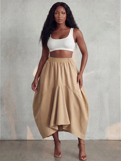 BamGlimmer Summer Autumn New Design, Khaki Asymmetrical Skirt, Vintage Casual Luxury Style, Suitable For Travel Vacation, Daily Wear, Party, Date, Commute