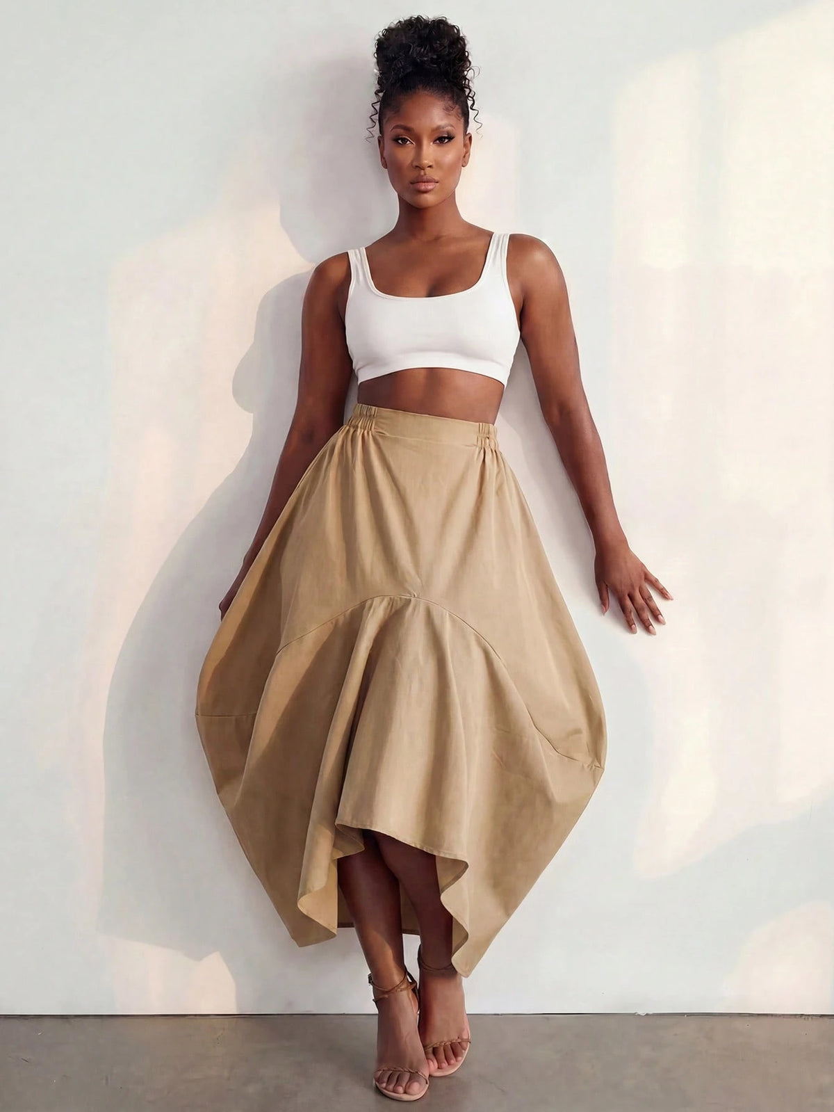 BamGlimmer Summer Autumn New Design, Khaki Asymmetrical Skirt, Vintage Casual Luxury Style, Suitable For Travel Vacation, Daily Wear, Party, Date, Commute