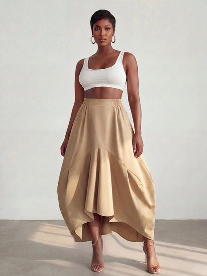 BamGlimmer Summer Autumn New Design, Khaki Asymmetrical Skirt, Vintage Casual Luxury Style, Suitable For Travel Vacation, Daily Wear, Party, Date, Commute