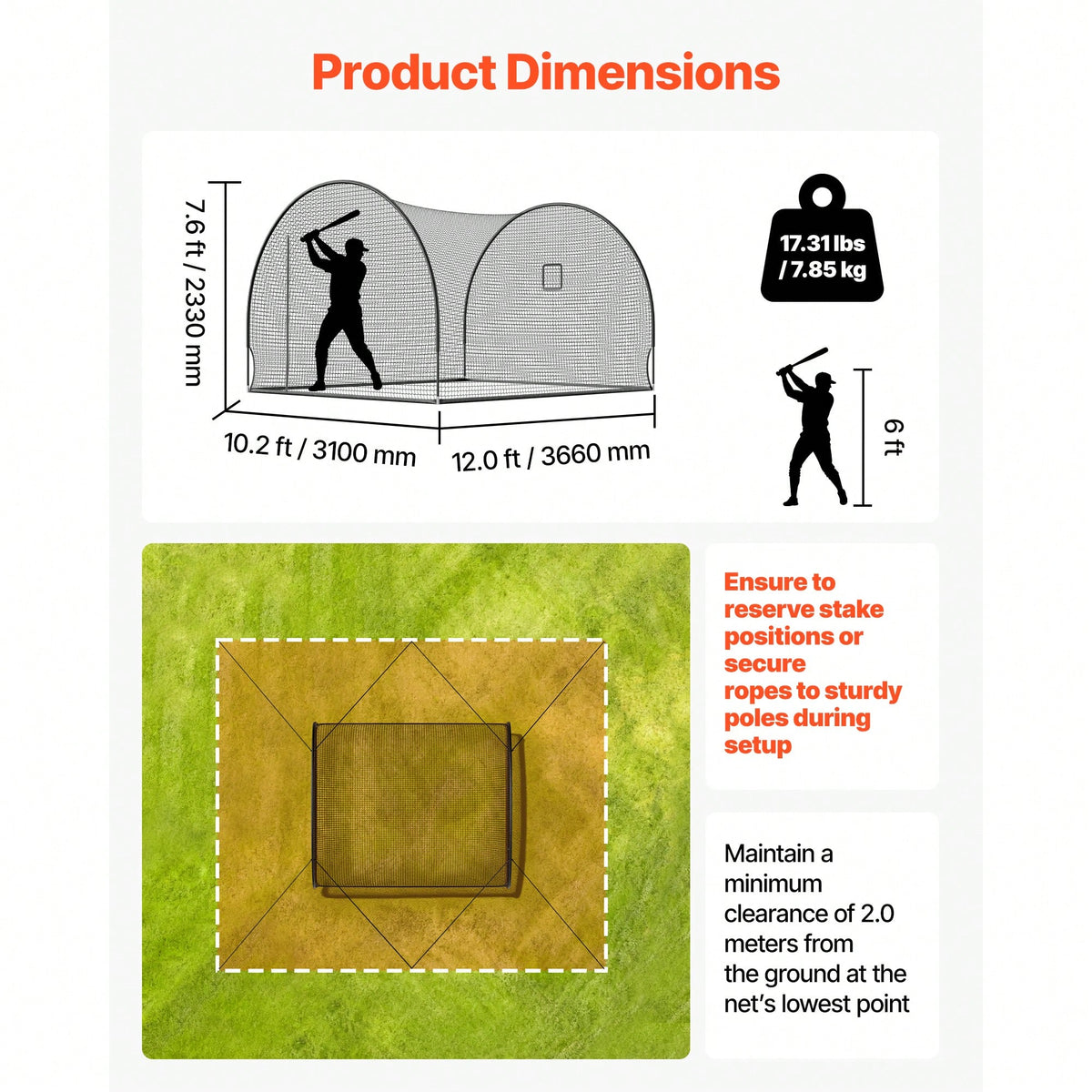 Baseball Batting Cage, 12.0 X 10.2 X 7.6 FT Freestanding Portable Batting Cage, Hitting Cages With 4-Ply Knotless Polyester & Pitching Machine Opening, Battings Cages Netting For Outdoor