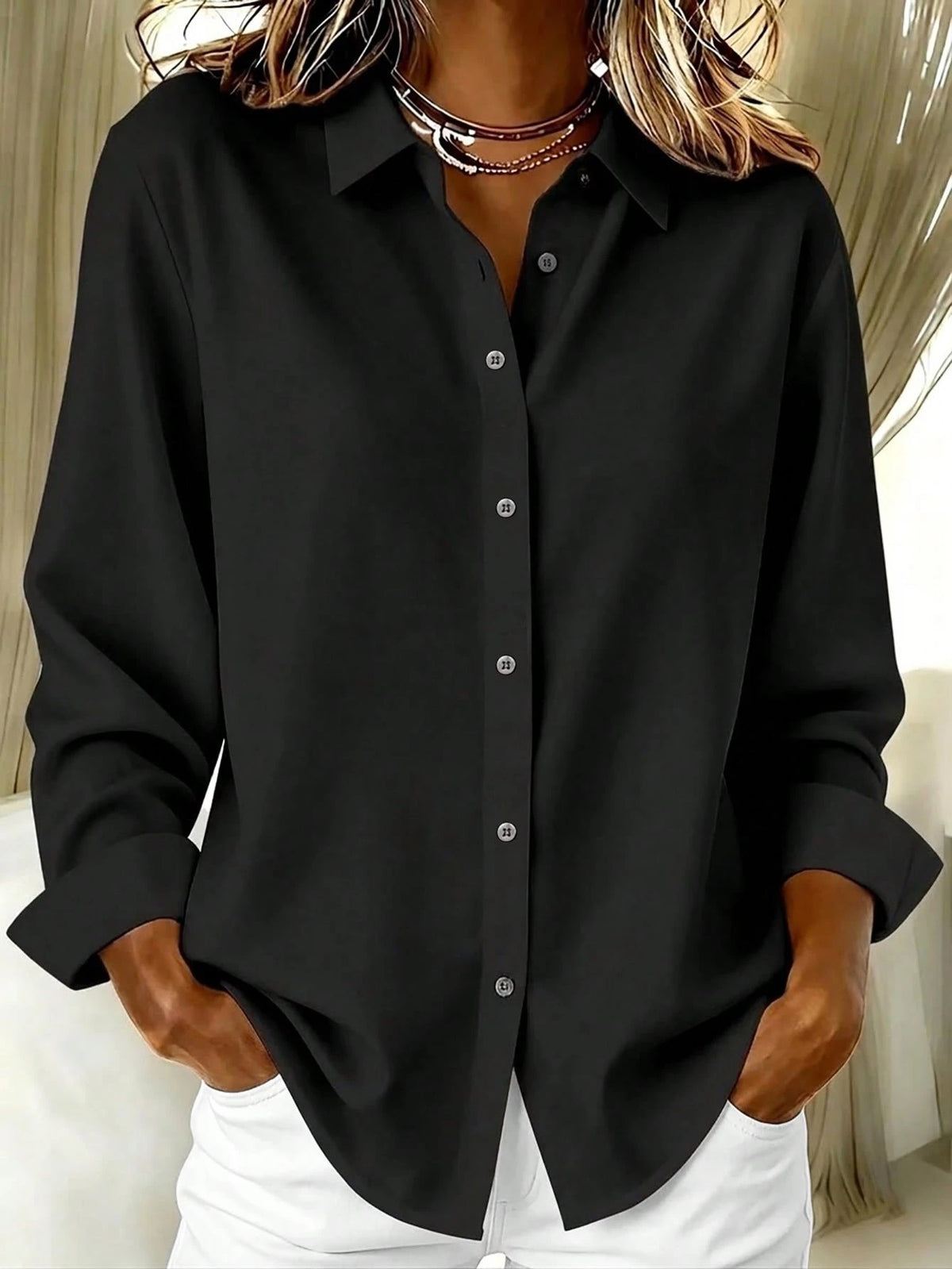 Basic Casual Plus Size Women's Long Sleeve Lightweight Button-Up Shirt Black