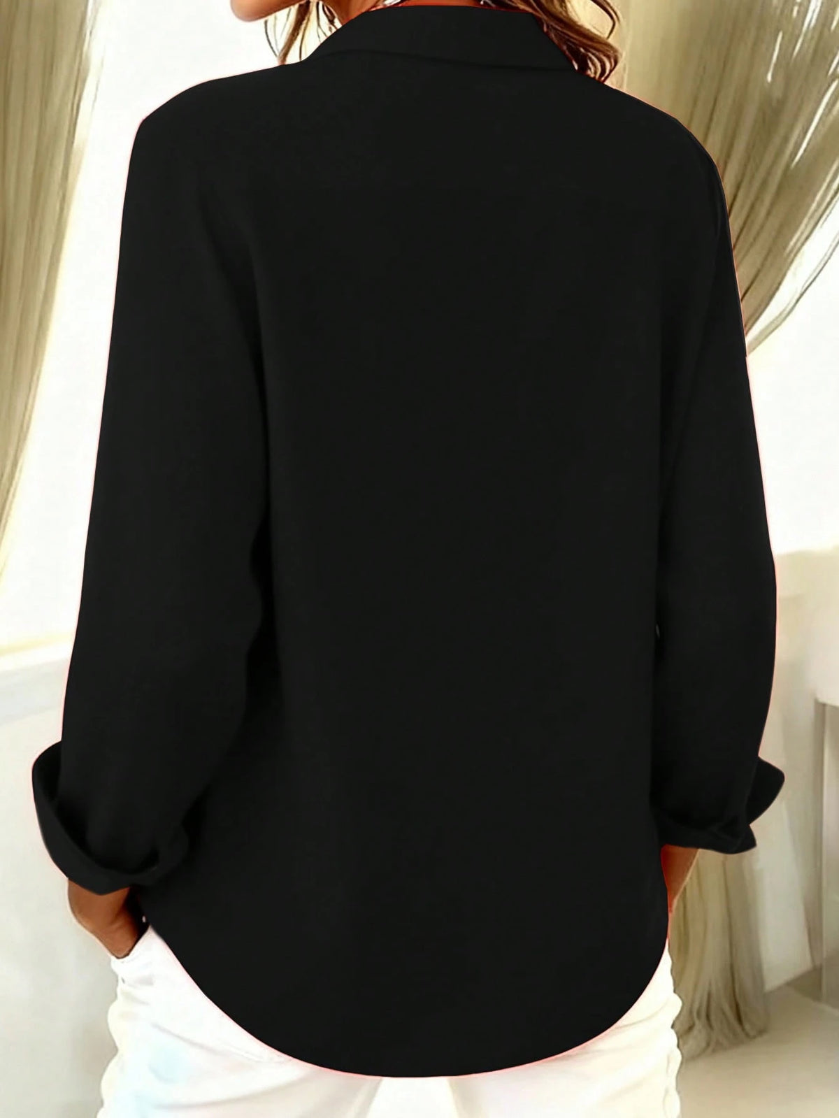 Basic Casual Plus Size Women's Long Sleeve Lightweight Button-Up Shirt Black