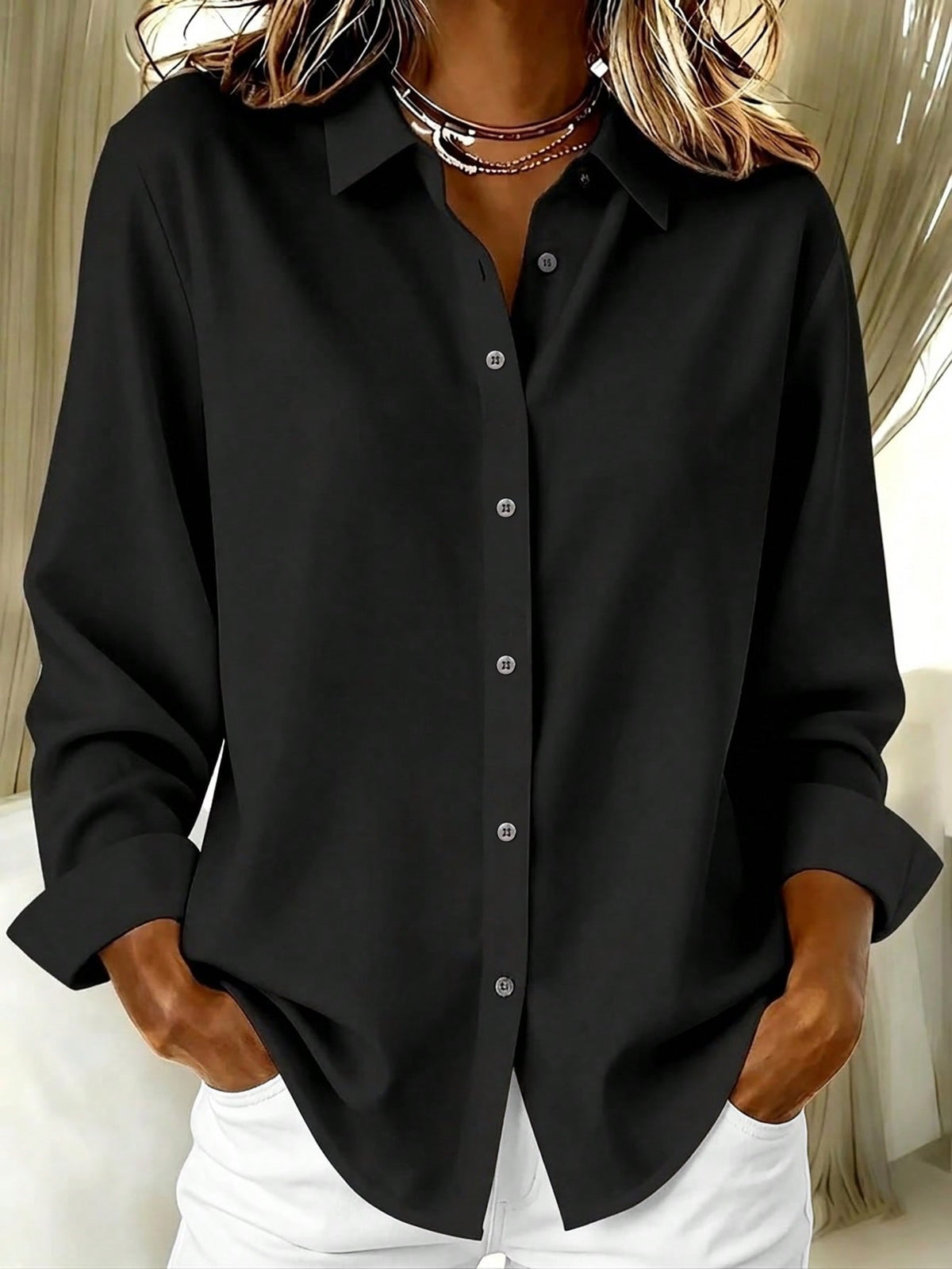 Basic Casual Plus Size Women's Long Sleeve Lightweight Button-Up Shirt Black