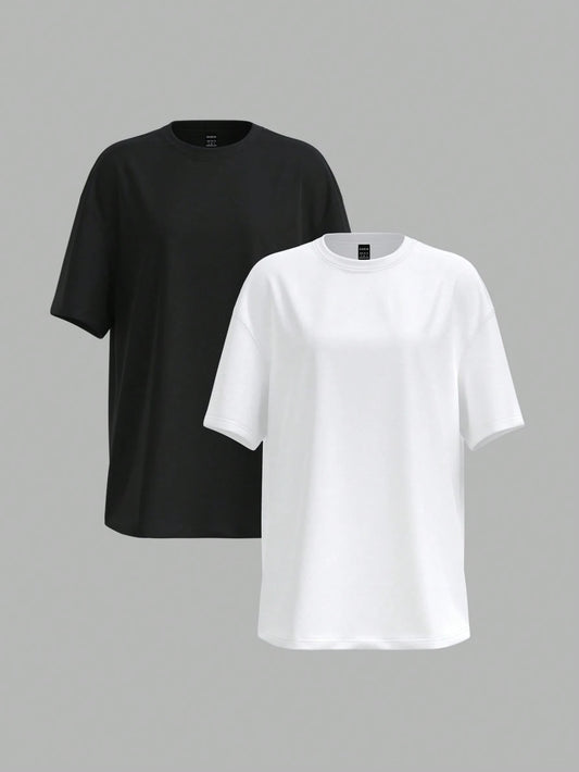 BASICS 2pcs/Set Casual Minimalist Basic Modest Solid Color Knit Round Neck Loose Short Sleeve T-Shirt For Women Tops Everyday Home Black White Summer