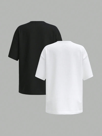 BASICS 2pcs/Set Casual Minimalist Basic Modest Solid Color Knit Round Neck Loose Short Sleeve T-Shirt For Women Tops Everyday Home Black White Summer