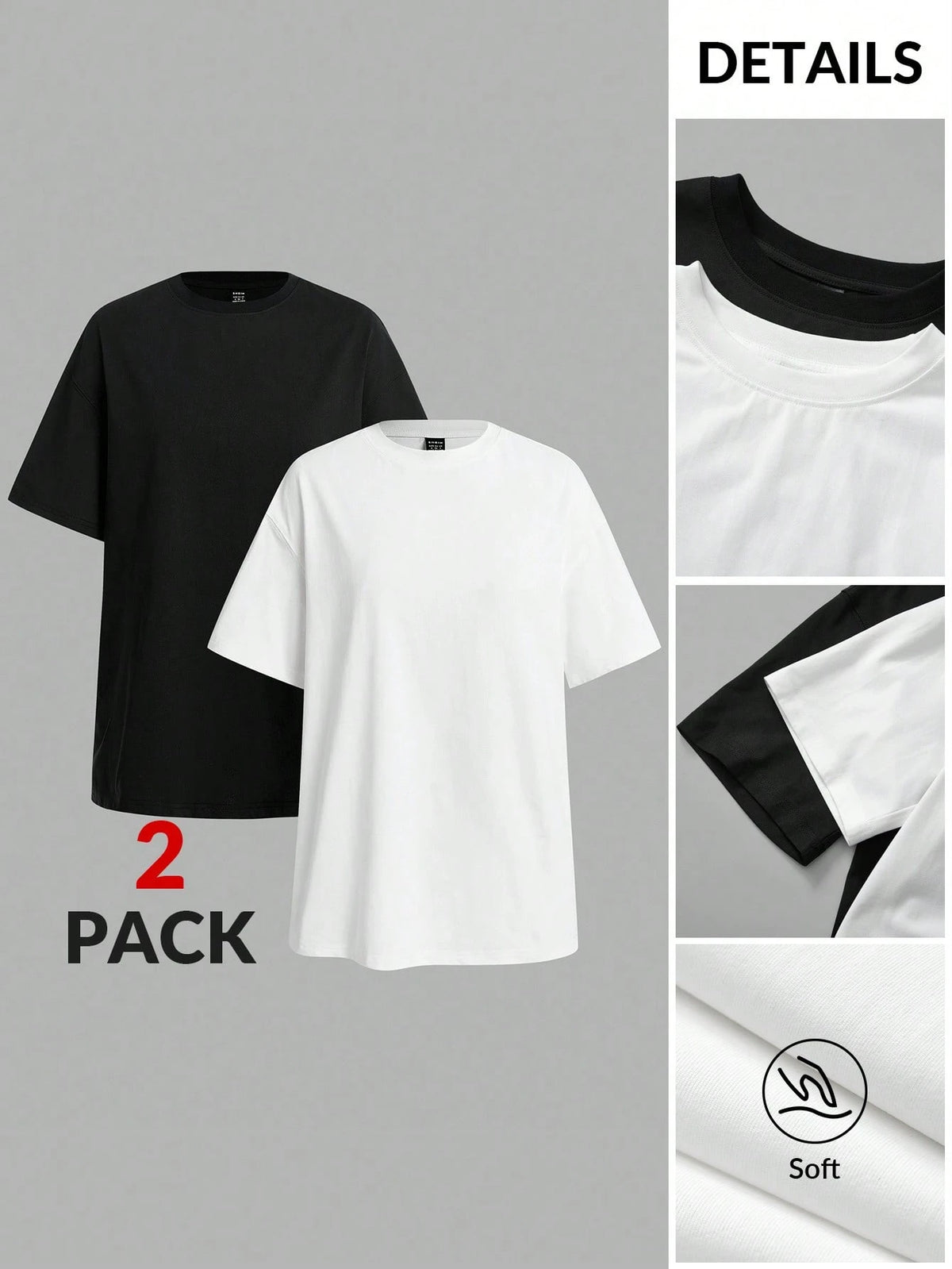 BASICS 2pcs/Set Casual Minimalist Basic Modest Solid Color Knit Round Neck Loose Short Sleeve T-Shirt For Women Tops Everyday Home Black White Summer