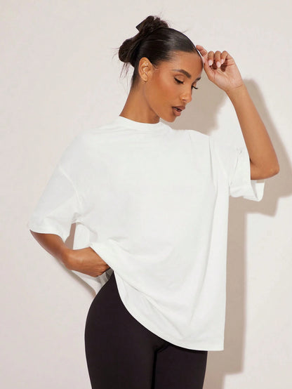 BASICS 2pcs/Set Casual Minimalist Basic Modest Solid Color Knit Round Neck Loose Short Sleeve T-Shirt For Women Tops Everyday Home Black White Summer