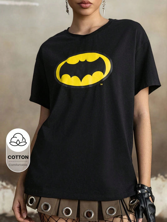 BATMAN X Women's Casual Bat Print Round Neck Short Sleeve T-Shirt, Summer Black Graphic T Shirt Women Tshirt For Woman