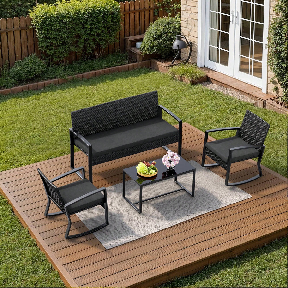 Bealife 4-Piece Outdoor Patio Furniture Set- Black Wicker Conversation Set Glass Top Table & 4 All-Weather Chairs- Perfect For Backyard, Pool, Garden, Balcony