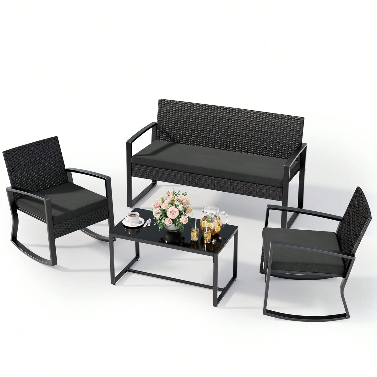 Bealife 4-Piece Outdoor Patio Furniture Set- Black Wicker Conversation Set Glass Top Table & 4 All-Weather Chairs- Perfect For Backyard, Pool, Garden, Balcony