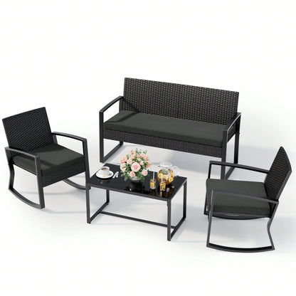 Bealife 4-Piece Outdoor Patio Furniture Set- Black Wicker Conversation Set Glass Top Table & 4 All-Weather Chairs- Perfect For Backyard, Pool, Garden, Balcony