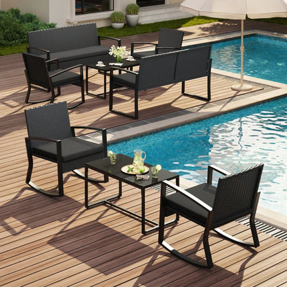 Bealife 4-Piece Outdoor Patio Furniture Set- Black Wicker Conversation Set Glass Top Table & 4 All-Weather Chairs- Perfect For Backyard, Pool, Garden, Balcony