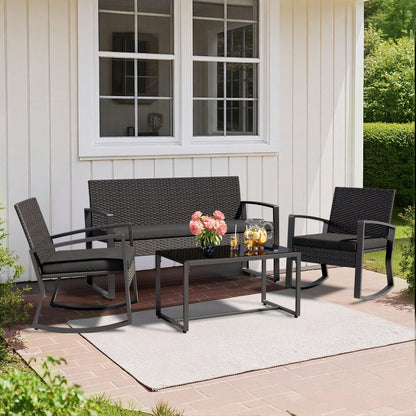 Bealife 4-Piece Outdoor Patio Furniture Set- Black Wicker Conversation Set Glass Top Table & 4 All-Weather Chairs- Perfect For Backyard, Pool, Garden, Balcony