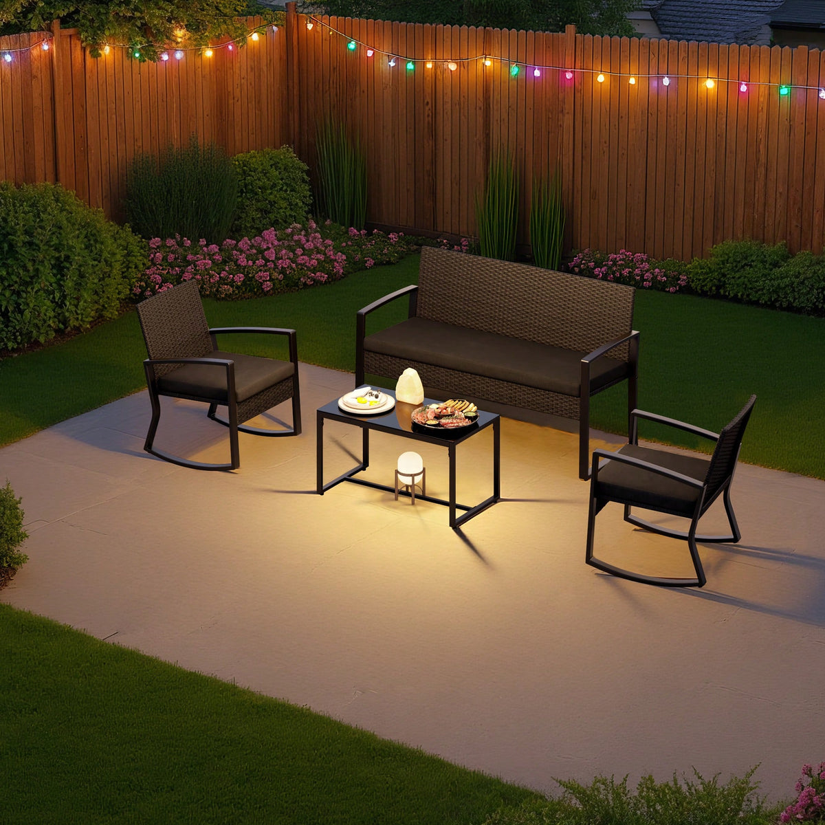 Bealife 4-Piece Outdoor Patio Furniture Set- Black Wicker Conversation Set Glass Top Table & 4 All-Weather Chairs- Perfect For Backyard, Pool, Garden, Balcony