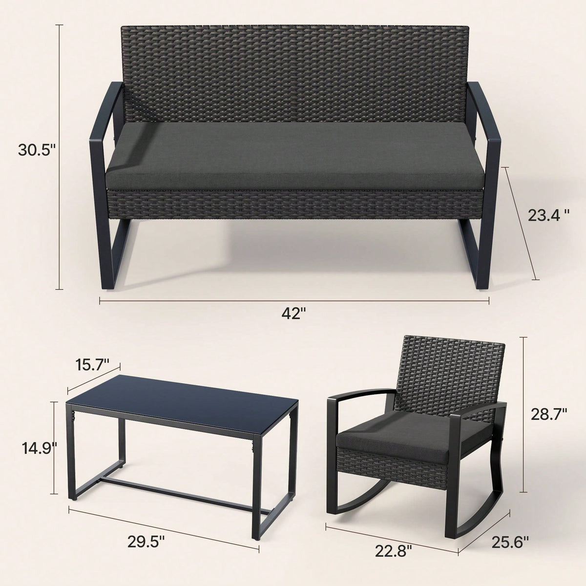 Bealife 4-Piece Outdoor Patio Furniture Set- Black Wicker Conversation Set Glass Top Table & 4 All-Weather Chairs- Perfect For Backyard, Pool, Garden, Balcony