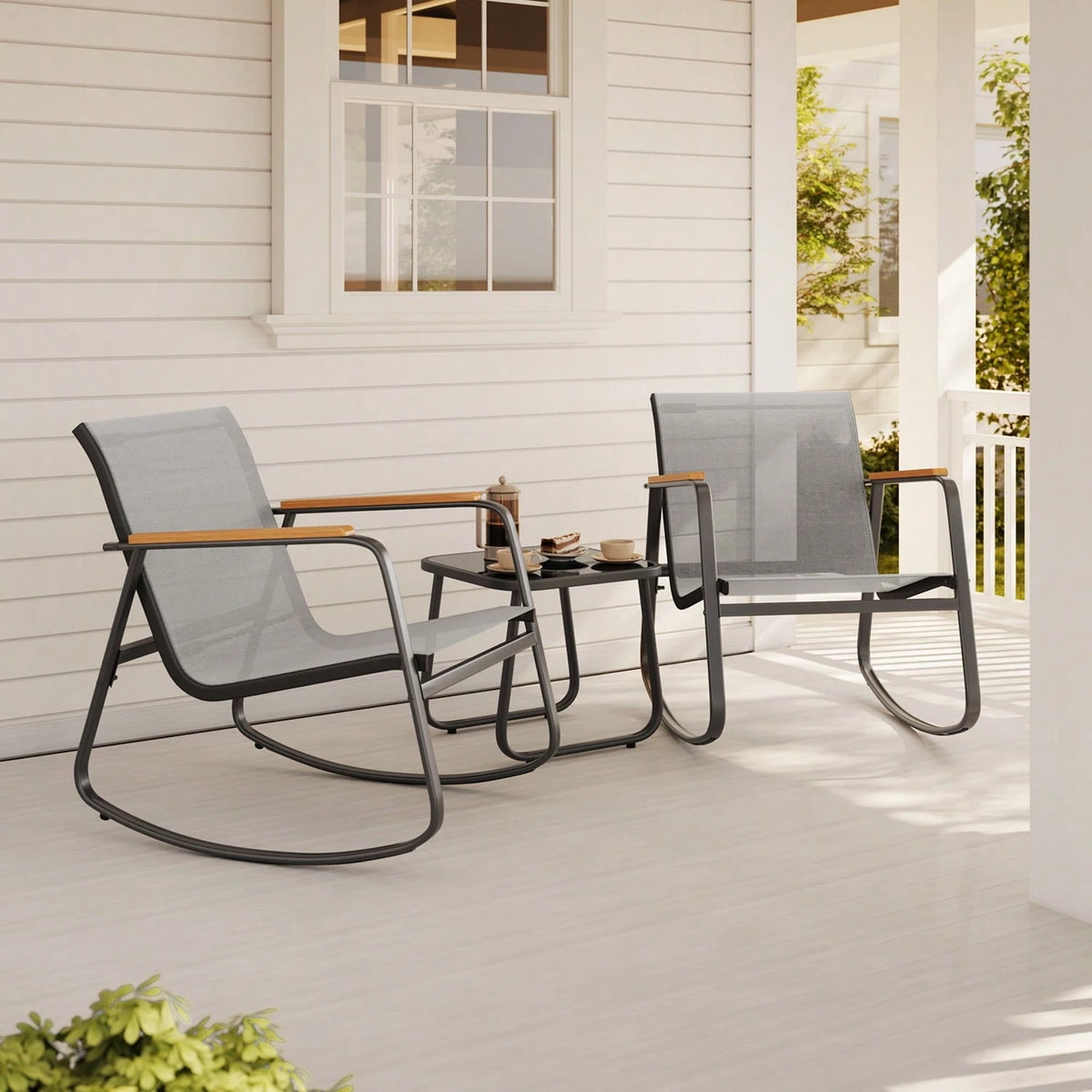 Bealife Outdoor Bistro Set 3-Piece – Rattan Rocking Chairs With Coffee Table, All-Weather Patio Furniture For Balcony & Garden