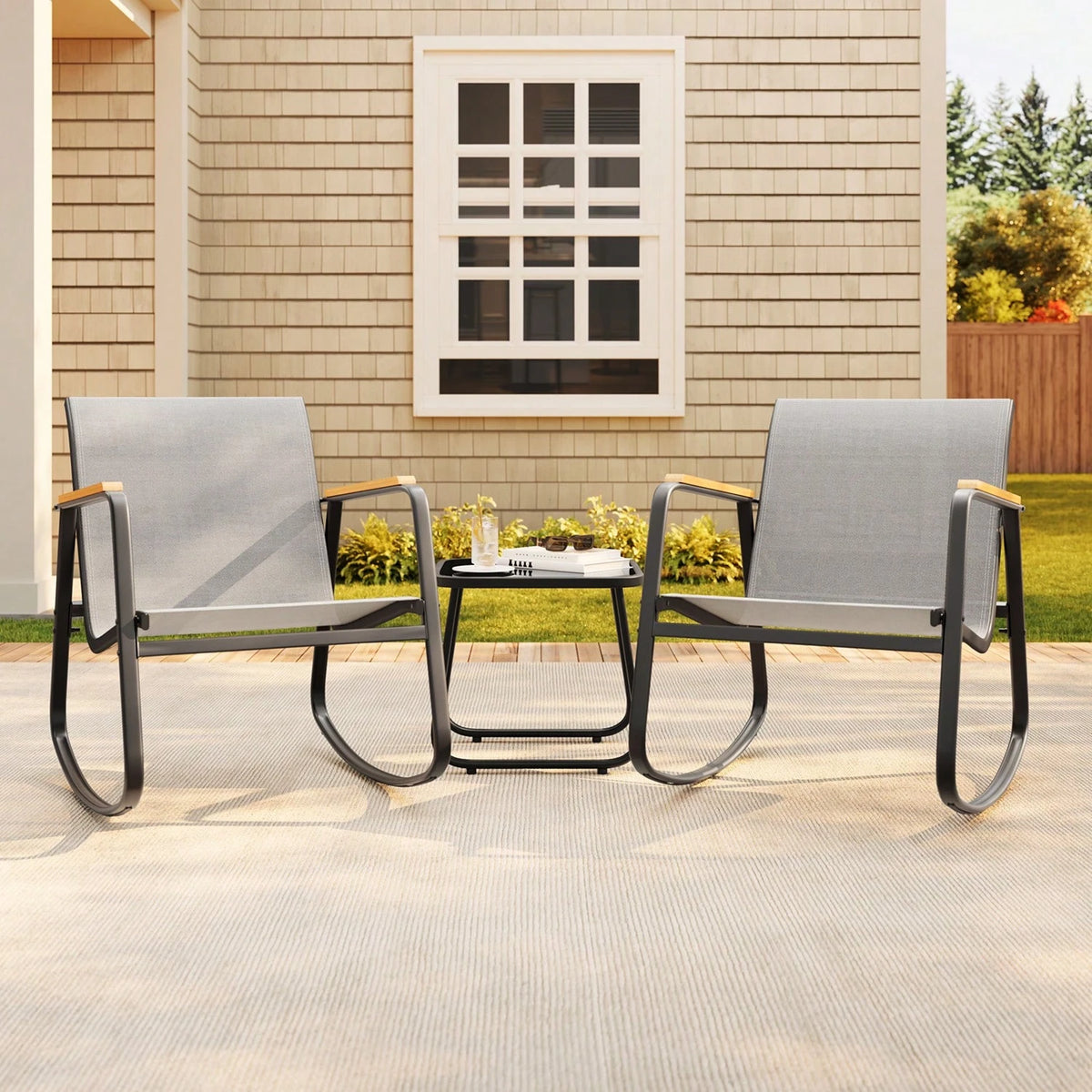 Bealife Outdoor Bistro Set 3-Piece – Rattan Rocking Chairs With Coffee Table, All-Weather Patio Furniture For Balcony & Garden