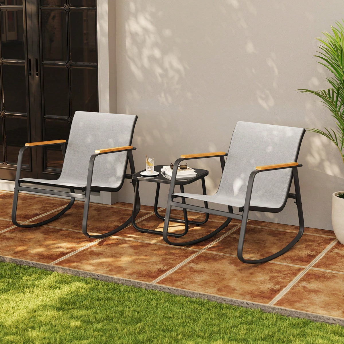 Bealife Outdoor Bistro Set 3-Piece – Rattan Rocking Chairs With Coffee Table, All-Weather Patio Furniture For Balcony & Garden