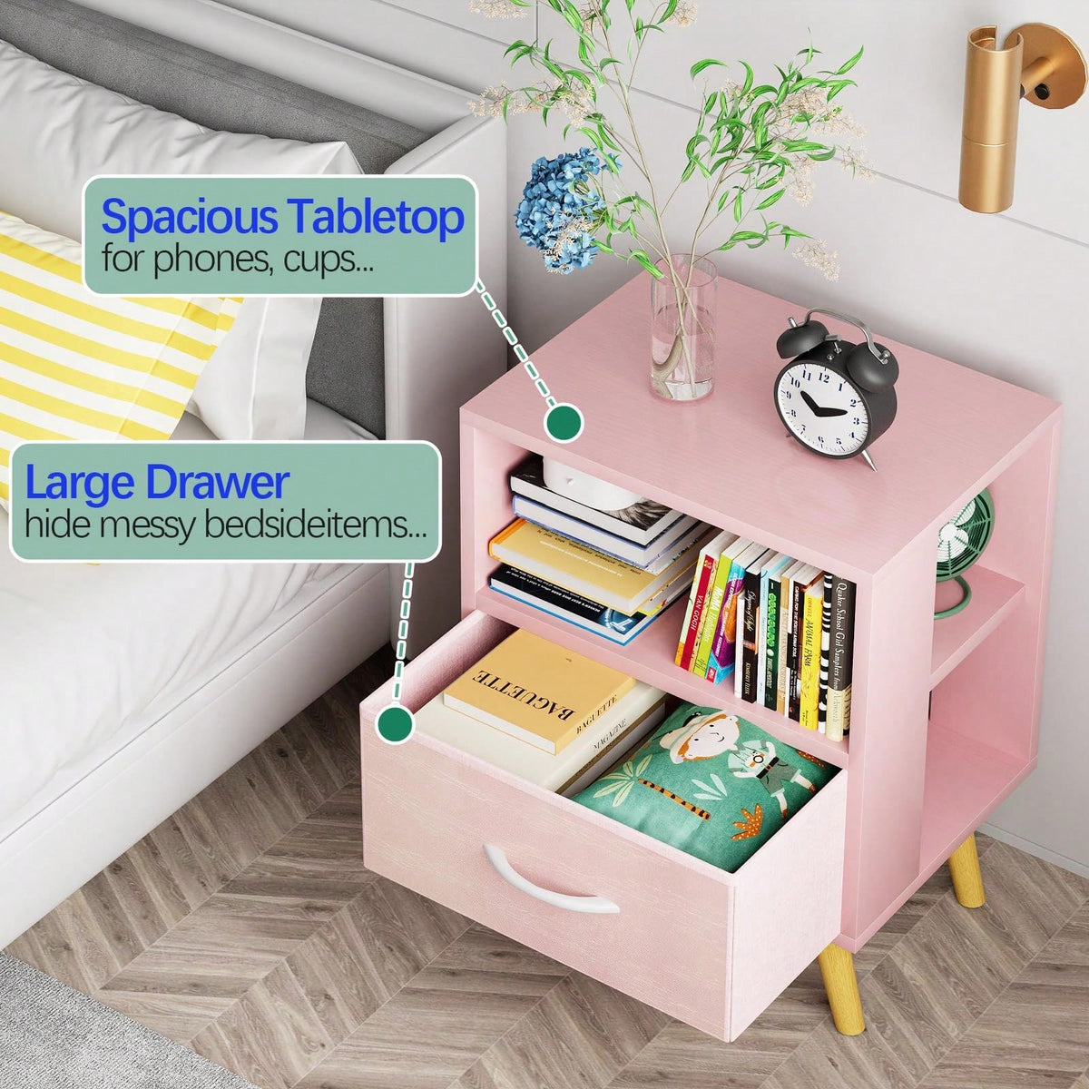 Bedside Table, Modern Open Storage Side Table, Double-Tier Nightstand, Suitable For Small Spaces, Living Rooms, And Bedrooms.