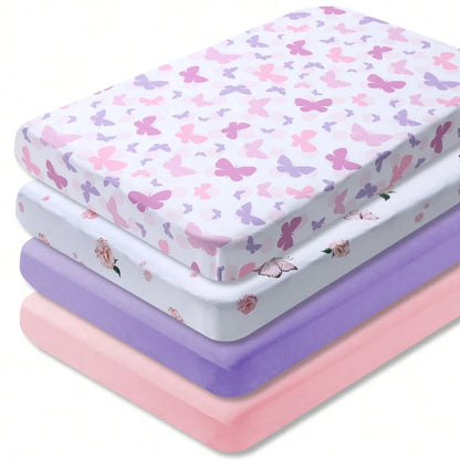 BEEWEED Crib Sheets, 4pcs Soft Sheets With Animal&Flowers Butterfly Prints, For Crib And Mattress, Crib Sheet For Boys And Girls, Super Soft Microfibre Crib Sheet Set, Breathable Cot Sheet, For Cot An