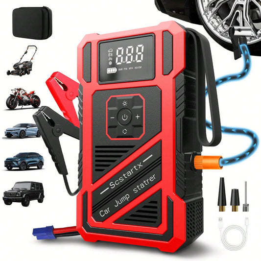 belibuy Portable Car Tire Inflator And Emergency Jump Starter, 12V Car Battery Charger, Jump Starter Kit With Tire Inflator For Gasoline Vehicles, USB Charging Port And LED Flashlight, On-The-Go Tire