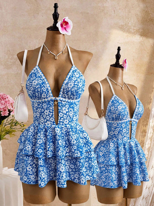 Bellisia White And Blue Floral Halter Neck Backless Double Layer Swimsuit Skirt, Sweet Cute Style For Summer Beach Vacation, Pool Party Tropical