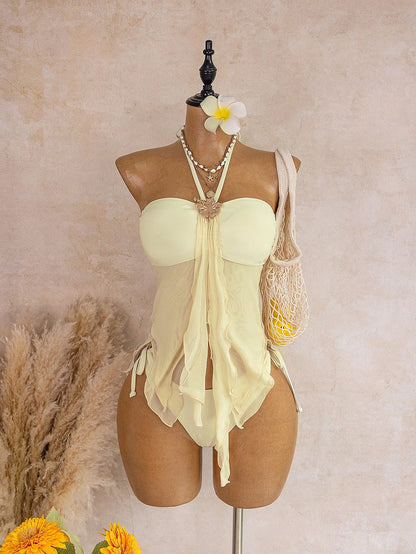 Bellisia Women's Soft Yellow Spaghetti Strap Metal Flower Decor Mesh Ruffle Backless Camisole Bikini Top,White,Summer,Casual,Beach,Vacation,Holiday Swimwear