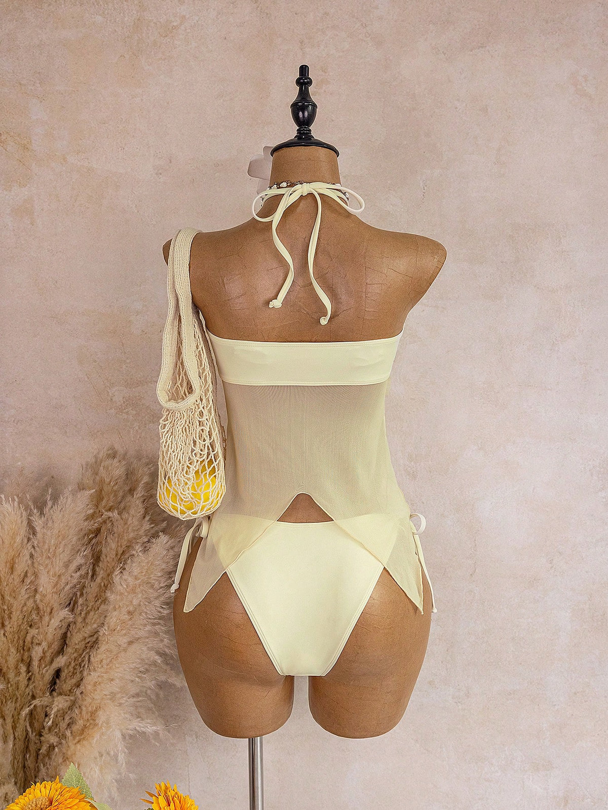 Bellisia Women's Soft Yellow Spaghetti Strap Metal Flower Decor Mesh Ruffle Backless Camisole Bikini Top,White,Summer,Casual,Beach,Vacation,Holiday Swimwear